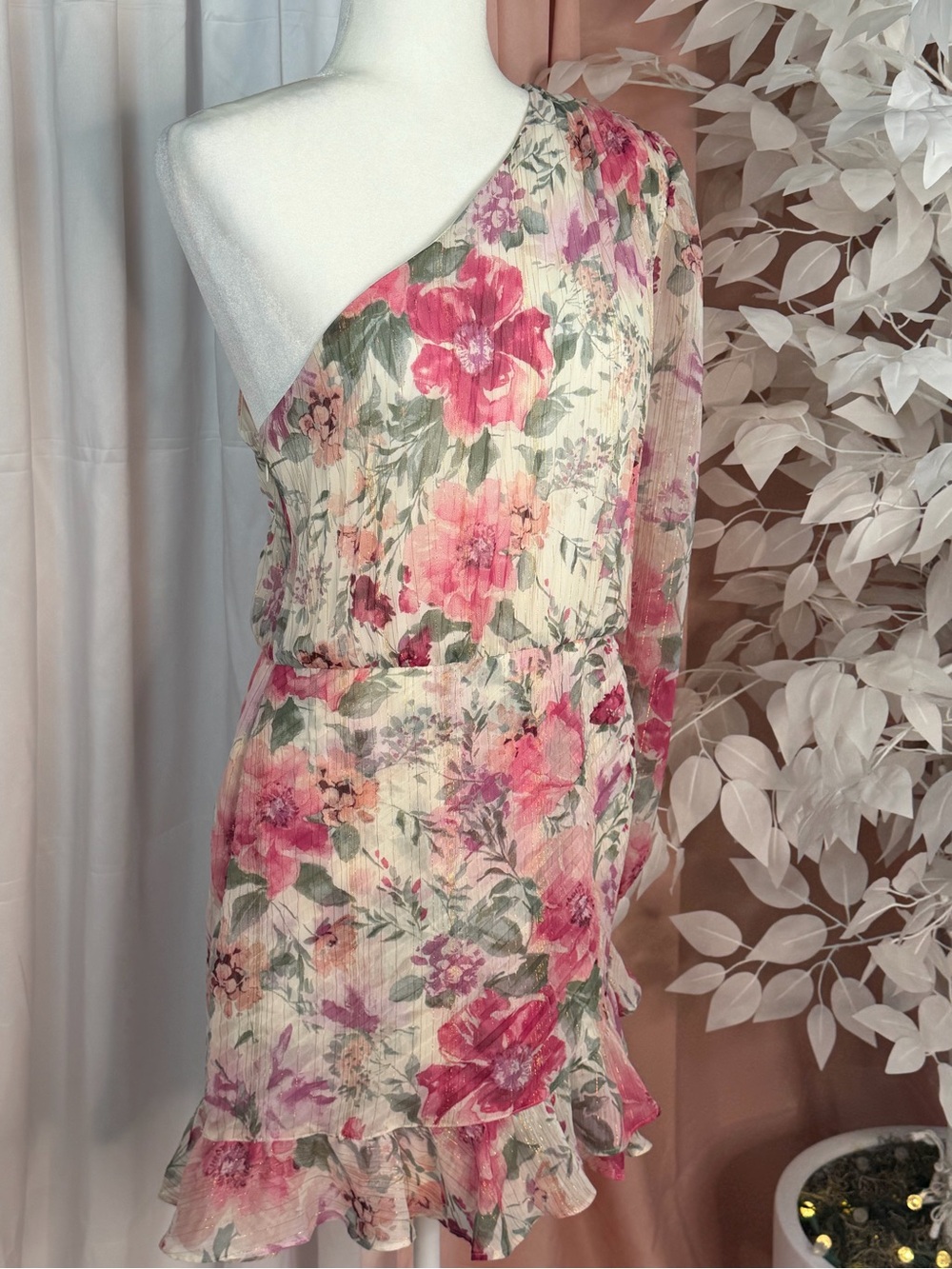 Express One Shoulder Floral Romper Metallic Gold Stripe Ruffle Size Large